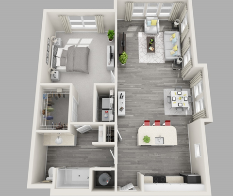 A 3D floor plan of a small apartment with a kitchen, living room, and bathroom.